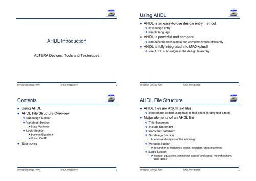 AHDL Introduction Contents Using AHDL AHDL File Structure