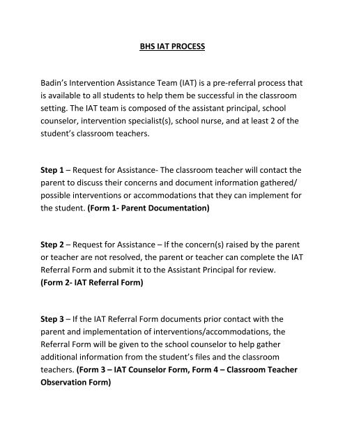 intervention assistance team process - Stephen T. Badin High School