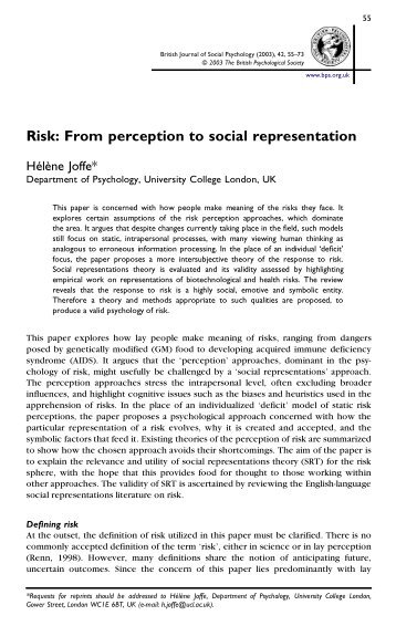 Risk: From perception to social representation - UMBC Department ...