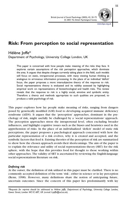 Risk: From perception to social representation - UMBC Department ...