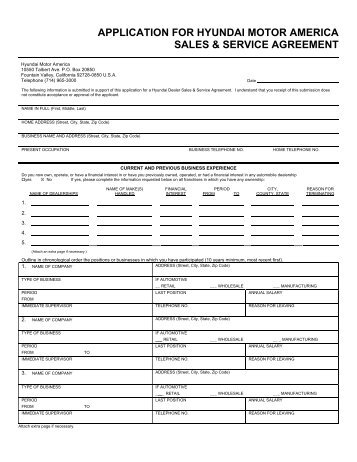 Application for Hyundai Motor America Sales and Service Agreement