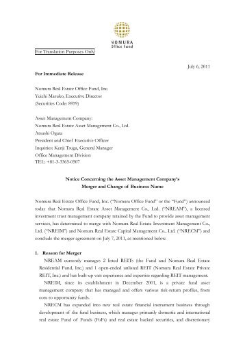 Notice Concerning the Asset Management Company's Merger and ...