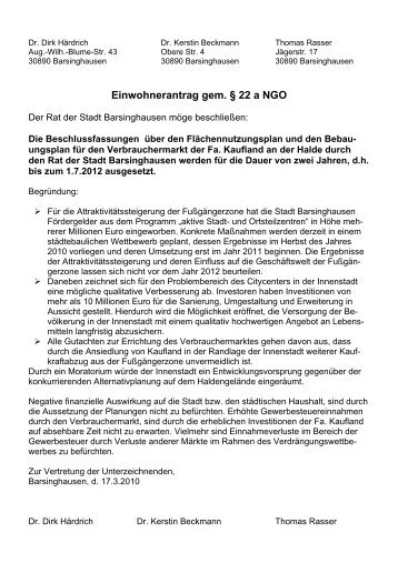 Einwohnerantrag gem. Â§ 22 a NGO - SPD Barsinghausen