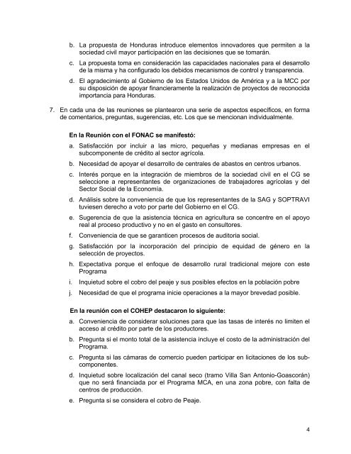 Resumen de Consultas, Marzo 05 - Cuenta del Milenio - Honduras