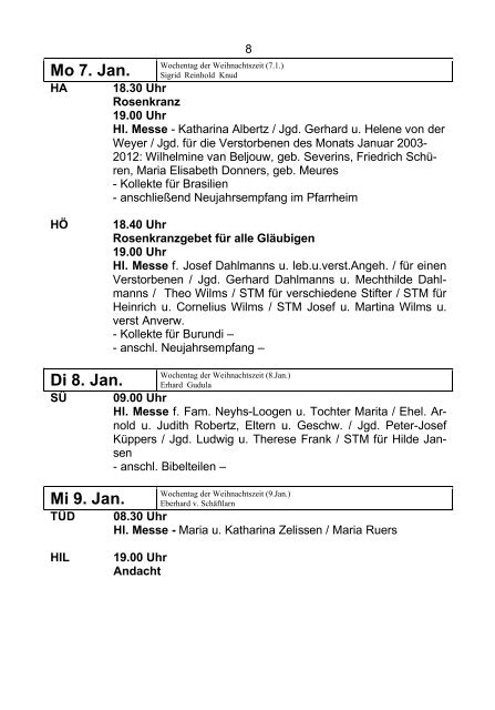 Mo 7. Jan. Di 8. Jan. Mi 9. Jan. - Kirchen im Selfkant