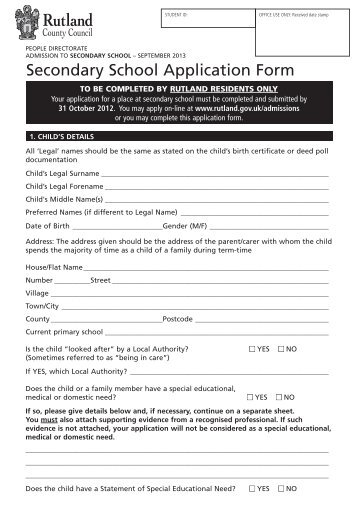 Secondary School Application Form - Rutland County Council