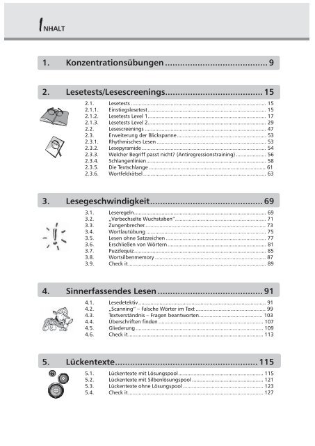 1. Konzentrationsübungen ......................................... 9 2. Lesetests ...