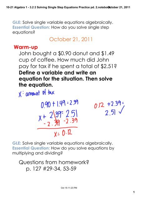 10 21 Algebra 1 3 2 2 Solving Single Step Equations Practice Pd 2