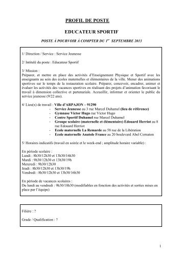 PROFIL DE POSTE EDUCATEUR SPORTIF - Arpajon