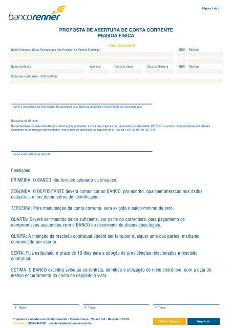 Abertura de Conta Corrente - 3 Titulares - Com ... - Banco Renner