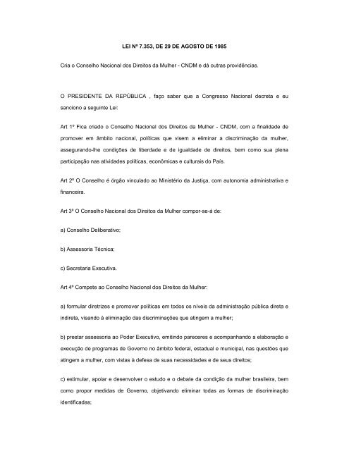 LEI NÂº 7.353, DE 29 DE AGOSTO DE 1985 Cria o Conselho ...
