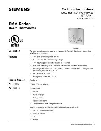 RAA Series Room Thermostats - Hunt Heating