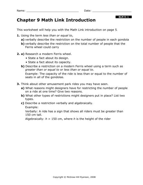 Teacher's Resource Sample Chapter 9 BLM - McGraw-Hill