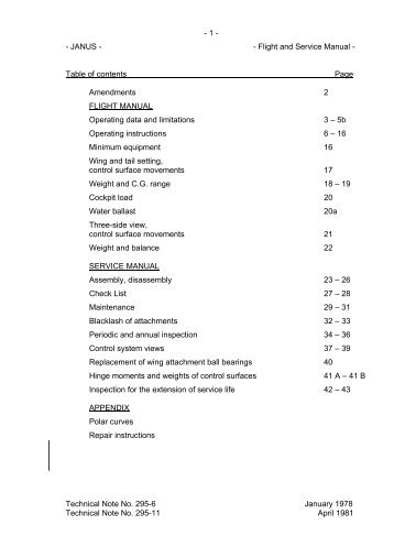 - 1 - - JANUS - - Flight and Service Manual - Table of contents Page ...