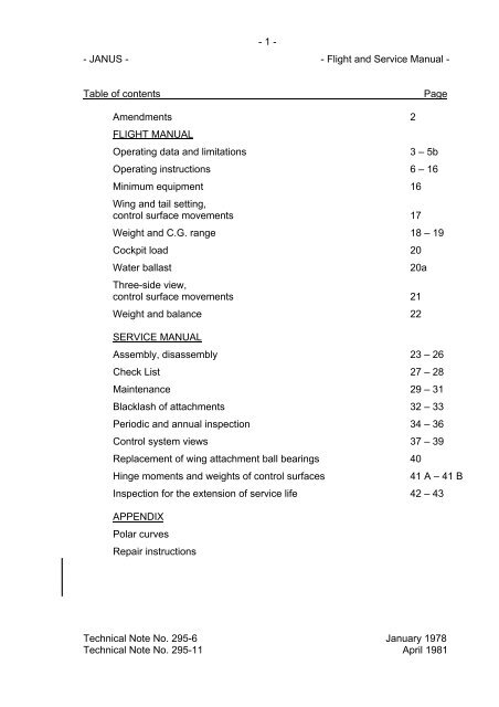 - 1 - - JANUS - - Flight and Service Manual - Table of contents Page ...