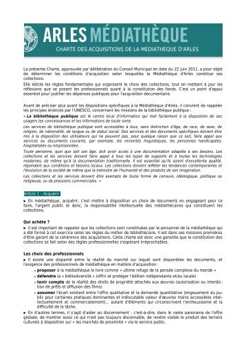 Charte des acquisitions - MÃ©diathÃ¨que d'Arles