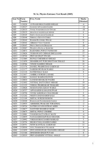 1 M. Sc. Physics Entrance Test Result (2005) - Department of Physics