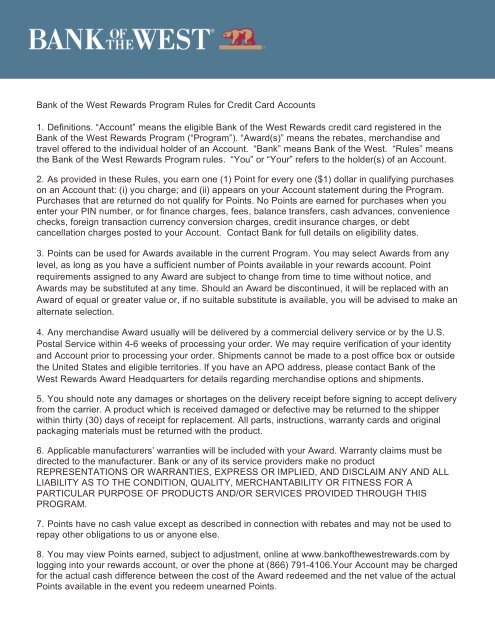 Bank Of The West Rewards Program Rules For Credit Card Accounts