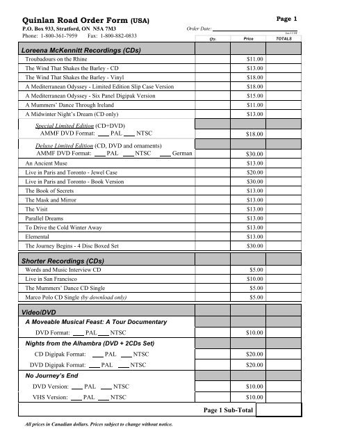 Quinlan Road Order Form (USA) - Loreena McKennitt