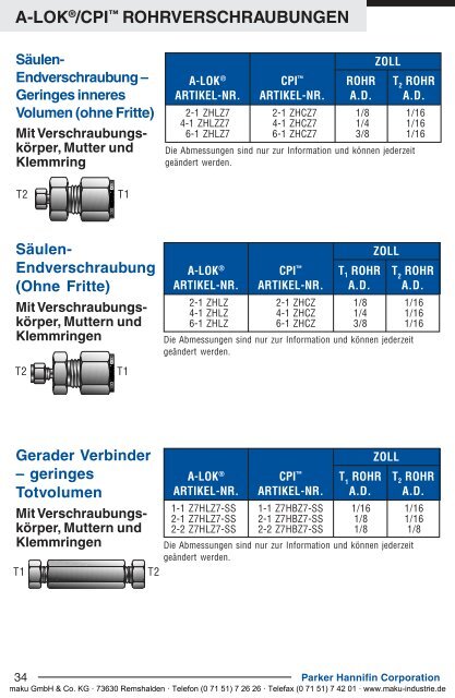 4200-DE A-Lok/CPI Rohrverschraubungen - Parker