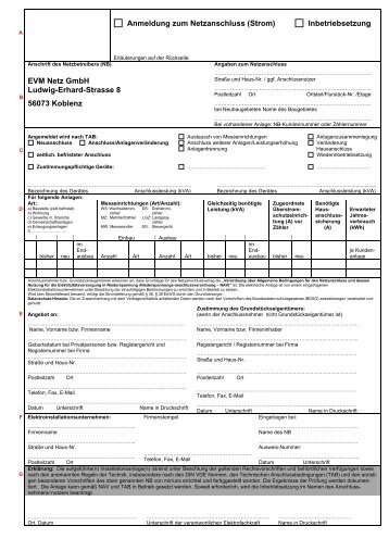 Anmeldung zum Netzanschluss (Strom) Inbetriebsetzung EVM Netz ...