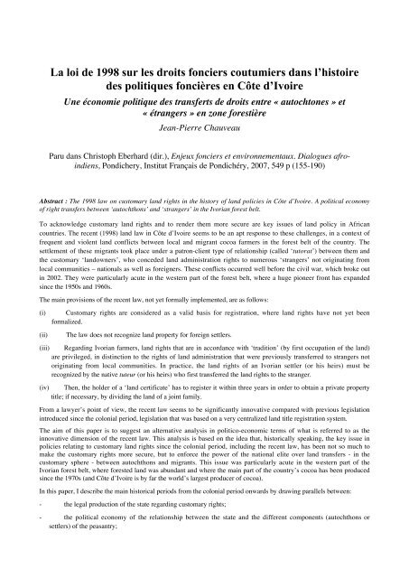 La loi de 1998 sur les droits fonciers coutumiers dans l'histoire des ...