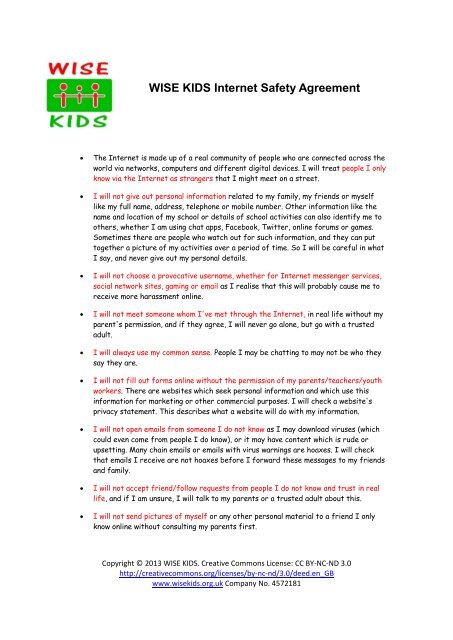 WISE KIDS Internet Safety Agreement