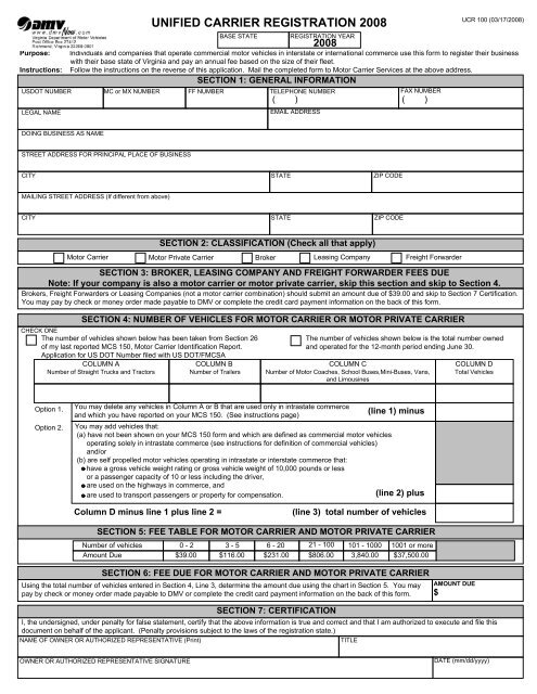 Unified Carrier Registration for 2008 - Virginia Department of Motor ...