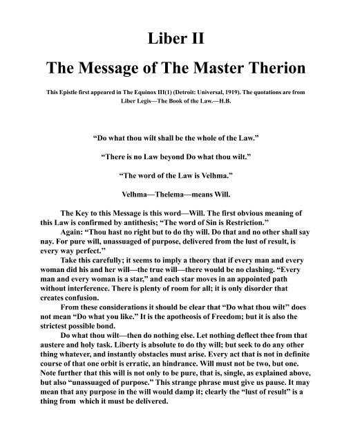 Liber II The Message of The Master Therion