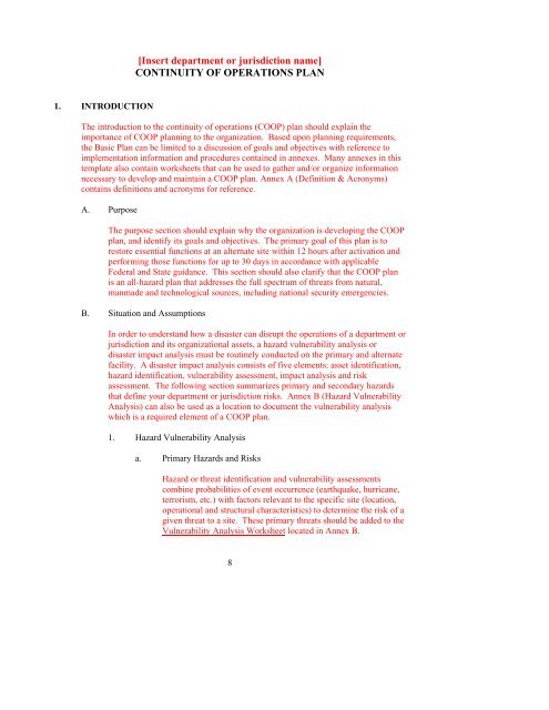 CONTINUITY OF OPERATIONS PLAN TEMPLATE - Sedgwick County