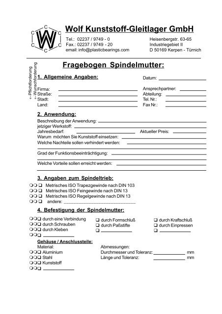 Fragebogen Spindelmutter - Wolf Kunststoff-Gleitlager GmbH