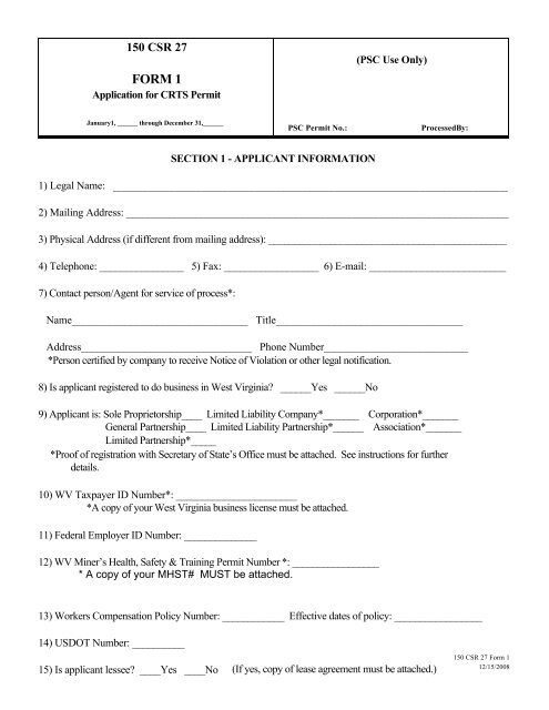 FORM 1 - Public Service Commission of West Virginia