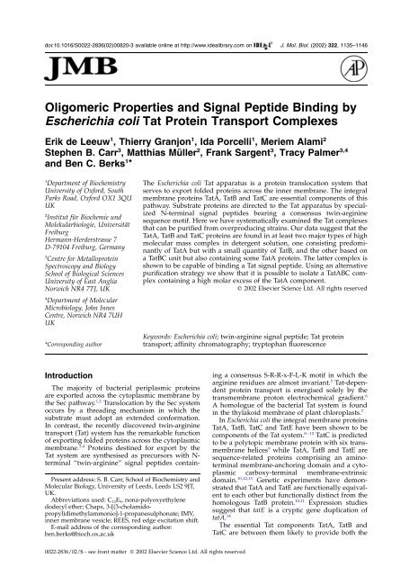 Oligomeric properties and signal peptide binding by Escherichia coli ...