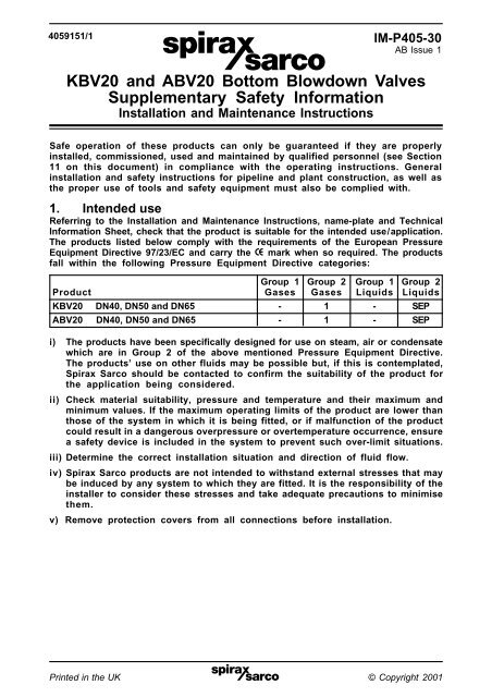 KBV20 and ABV20 Bottom Blowdown Valves ... - Spirax Sarco