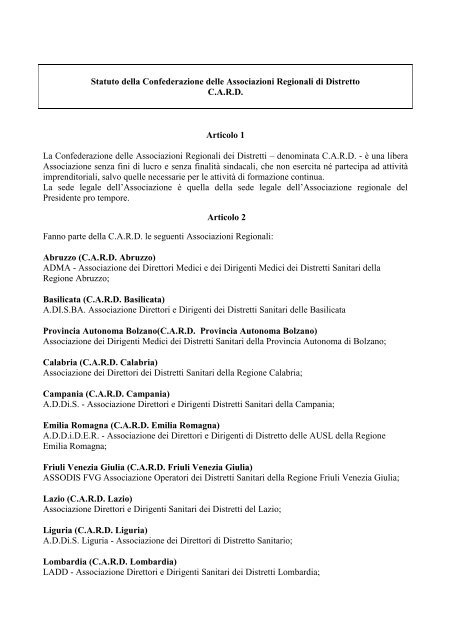 Statuto della Confederazione delle Associazioni Regionali di Distretto