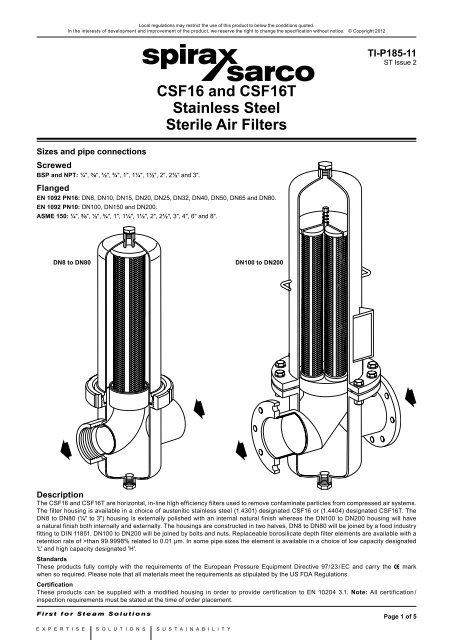 CSF16 and CSF16T Stainless Steel Sterile Air Filters - Spirax Sarco