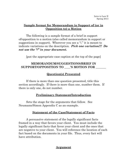 Sample format for Memorandum in Support of - UMKC School of Law