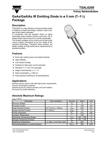 TSAL6200 GaAs/GaAlAs IR Emitting Diode in Ã¸ 5 mm (Tâ1Â¾) Package