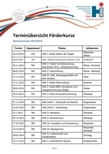 FÃ¶rderkurse Wintersemester - HAK Imst