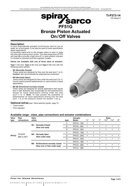 PF51G Bronze Piston Actuated On/Off Valves - Spirax Sarco