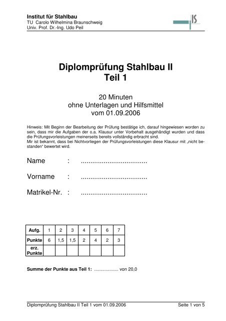 DiplomprÃ¼fung Stahlbau II Teil 1 - Institut fÃ¼r Stahlbau