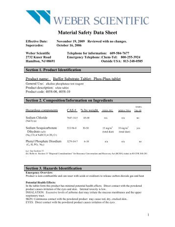 Material Safety Data Sheet - Weber Scientific