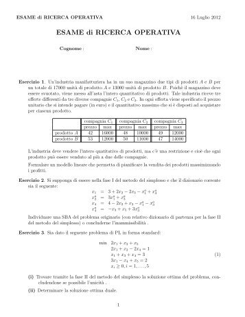 ESAME di RICERCA OPERATIVA