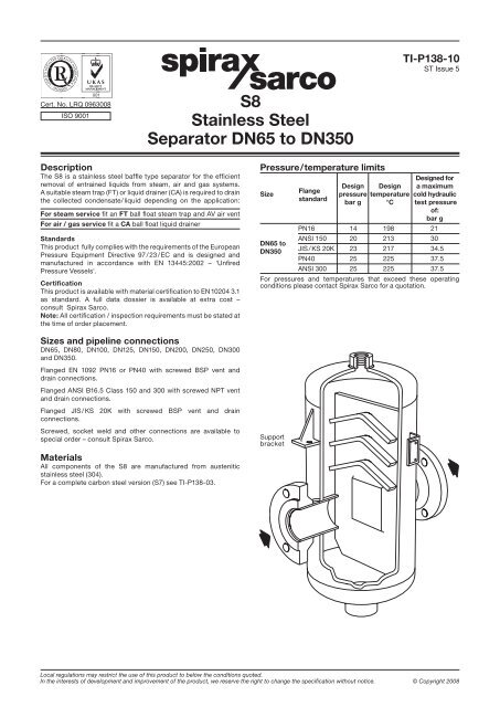 S8 Stainless Steel Separator DN65 to DN350 Spirax Sarco 取寄せ エスアンドエス サイクル 106-3516 インテークマニホールドフランジ FLANGE INTAKE PR SS Primary Flange Intak #DRAG #10500232