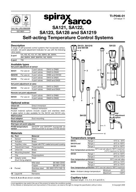 SA121, SA122, SA123, SA128 and SA1219 Self-acting - Spirax Sarco