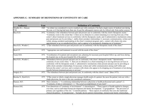 Summary of Definitions of Continuity of Care