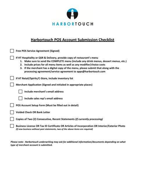 Harbortouch POS Account Submission Checklist - United Bank Card