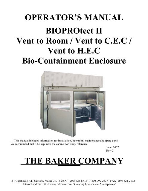 OPERATOR'S MANUAL BIOPROtect II Vent to ... - Baker Company