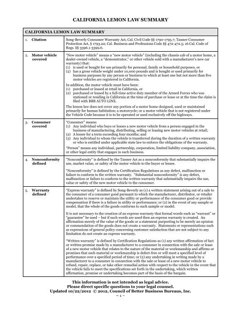 CALIFORNIA LEMON LAW SUMMARY - Better Business Bureau