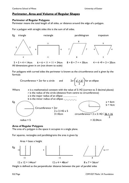 Perimeter, Area and Volume of Regular Shapes - University of Exeter